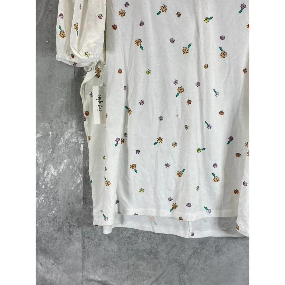 Style & Co Women's Plus Size White Garden Printed Puff-Sleeve Tie-Neck Top SZ 2X - Picture 7 of 10